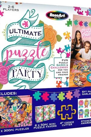 The RoseArt Ultimate Puzzle Party - Game Night in A Box Complete with (2) 300pc Jigsaw Puzzles, Party Favors, Garland, Award Stickers, Fun for All Game Night, Galentine's Day Gift