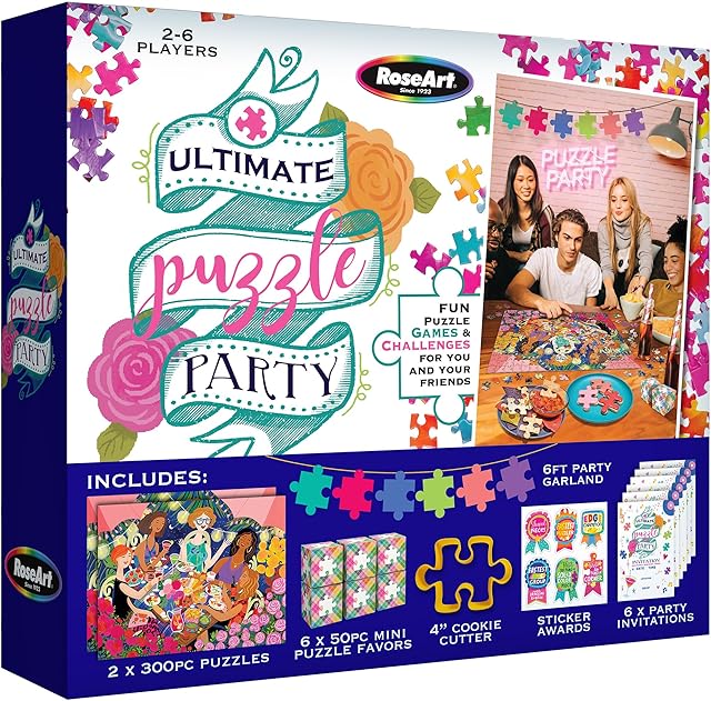 The RoseArt Ultimate Puzzle Party - Game Night in A Box Complete with (2) 300pc Jigsaw Puzzles, Party Favors, Garland, Award Stickers, Fun for All Game Night, Galentine's Day Gift