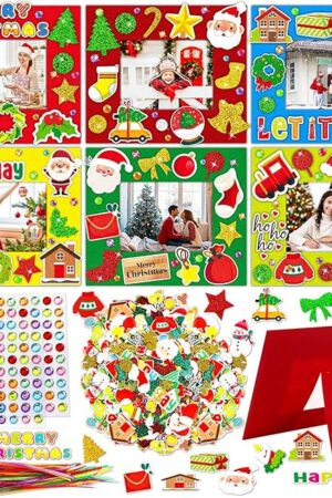 The Qyeahkj 506pcs Christmas Foam Arts Craft Picture Frame Kit for Kids, 18 Sets Colorful Holiday Felt Picture Frame with Easel for DIY Xmas Winter Party Game Activities Favors Decors Supplies