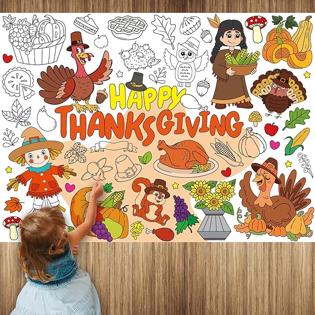The Kepeel Thanksgiving Coloring Poster, Giant Paper Coloring Banner Tablecloth for Kids Indoor Arts Crafts Activity, Coloring Table Cover Banner for Thanksgiving Party Supplies