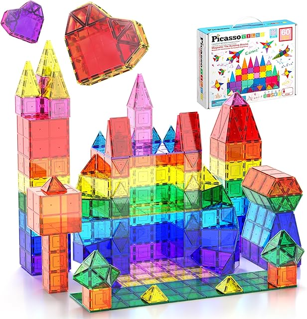 The PicassoTiles 60 Piece Set 60pcs Magnet Building Tiles Clear Magnetic 3D Blocks Construction Playboards - Creativity Beyond Imagination, Inspirational, Recreational, Educational, Conventional