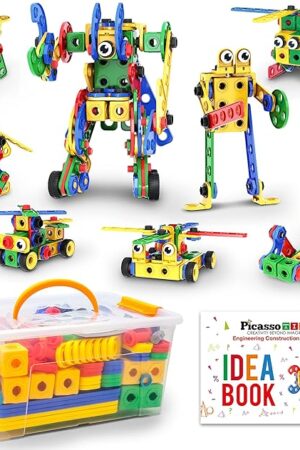 The PicassoTiles 201pc STEM Learning Block Construction Kit with Power Drill and Clickable Ratchet Educational Engineering Toy Set Kids Age 3 Plus Preschool Activity Creative Play with Idea Book PTN201