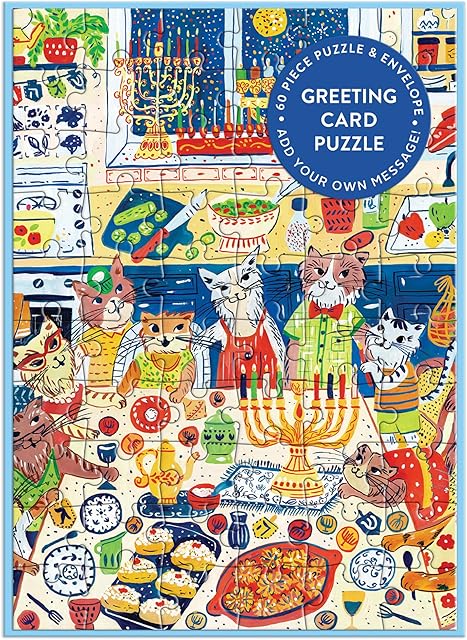 The Galison Happy Hanukcats – Adorable Cat Hanukkah Greeting and Jigsaw Puzzle Card Includes Color Coordinated Envelope and Sticker Seal
