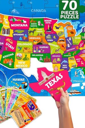 The QUOKKA Puzzles for Kids Ages 8-10 - 150 Pcs Jigsaw Puzzles for 6-8 Year Olds - 400+ Facts on 50 Double - Sided Flashcards - Learn USA Education Activity Gift - Shaped Puzzle for Toddlers 4-6