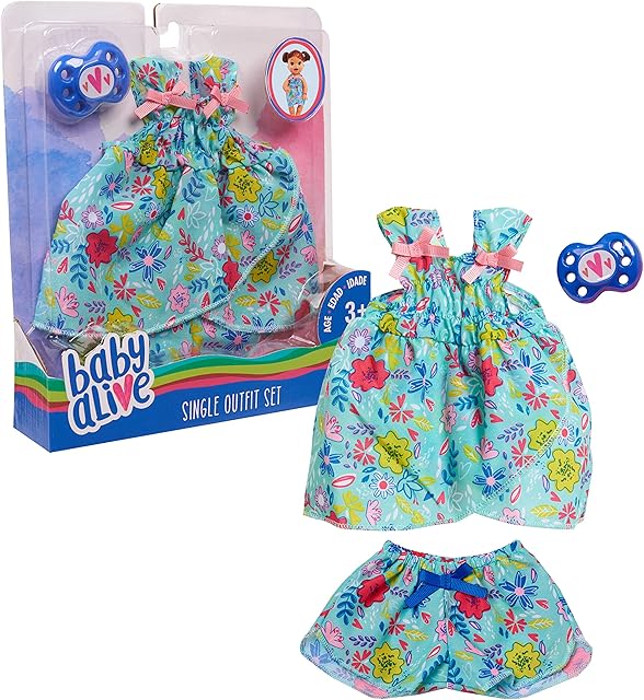 The Baby Alive Single Outfit Set for Baby Dolls (Doll Sold Separately), Teal and Floral Print Blouse and Play Pacifier, Kids Toys for Ages 3 Up by Just Play