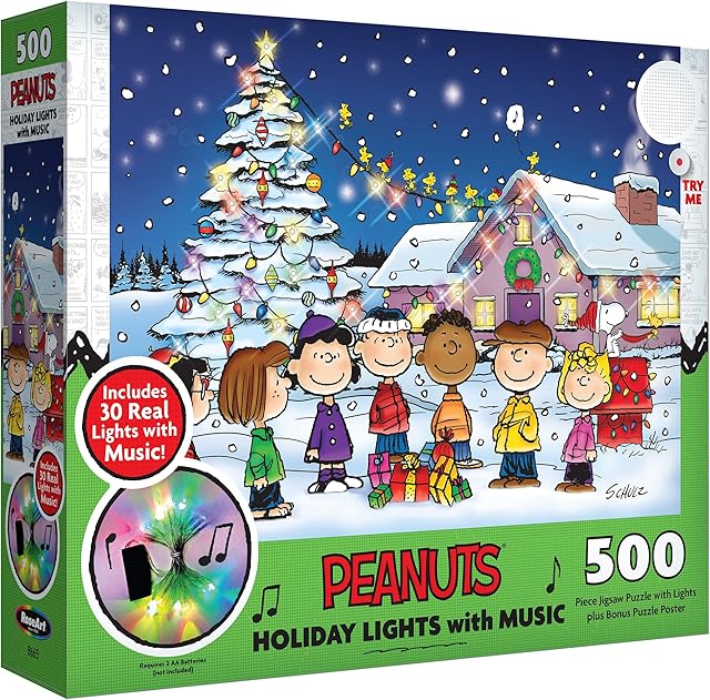 The RoseArt - Peanuts Holiday Lights and Music - 500 Piece Jigsaw Puzzle for Adults