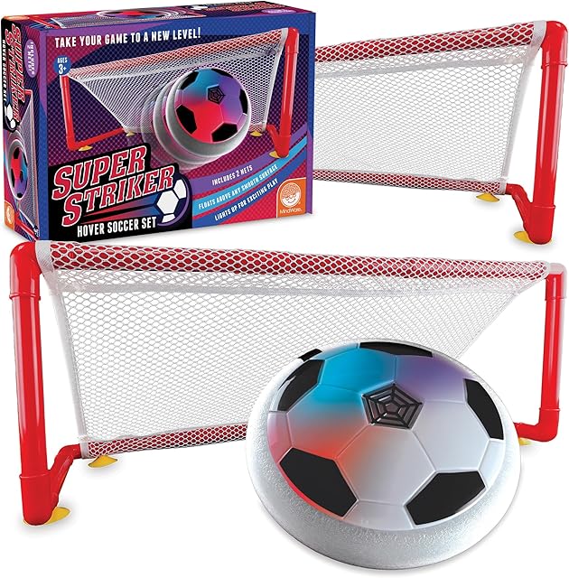 The MindWare Super Striker Hover Soccer Ball Set - Indoor Soccer for Kids Ages 3 and Up - Flashing LED Lights - USB Charger - Includes 2 Sturdy Nets for 1 or 2-Player Indoor Games for Kids 8-12