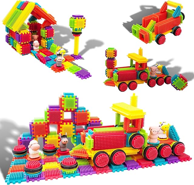 The PicassoTiles PTB151 151pcs Hedgehog Lock Block STEM Building Tiles Truck Theme Set Learning Playset STEM Toy Set Educational Kit Child Brain Development Preschool Kindergarten Toy w/Animal Figures