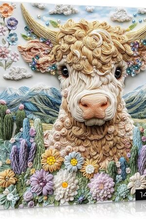 The PICKFORU Highland Cow Puzzle for Adults 1000 Pieces, Crystal Animal Cow Flower Art Garden Themed, Nature Mountain Floral Scenic Jigsaw Puzzles