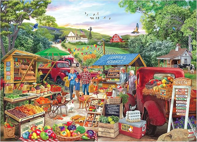 The RoseArt - Kodak Premium - Red Trucks Farm Market - 1000 Piece Jigsaw Puzzle for Adults