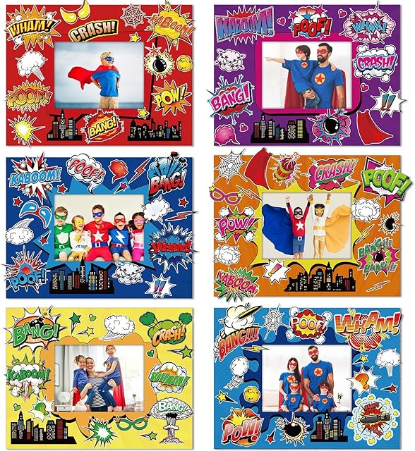 The Pajean 24 Sets Hero Theme DIY Crafts Kit Hero Birthday Picture Frames Party Stickers Photo Frames Decor for Boys Girls Boom Birthday Party Supplies Decorations