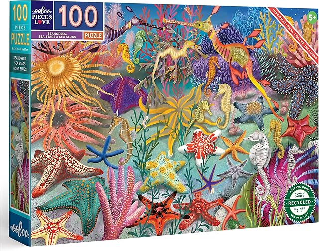 The eeBoo: Seahorses, Sea Stars & Sea Slugs - 100 Piece Puzzle - 27 x 18 Ocean Creatures Jigsaw, Sturdy Pieces, Informational Poster, Kids Ages 5+