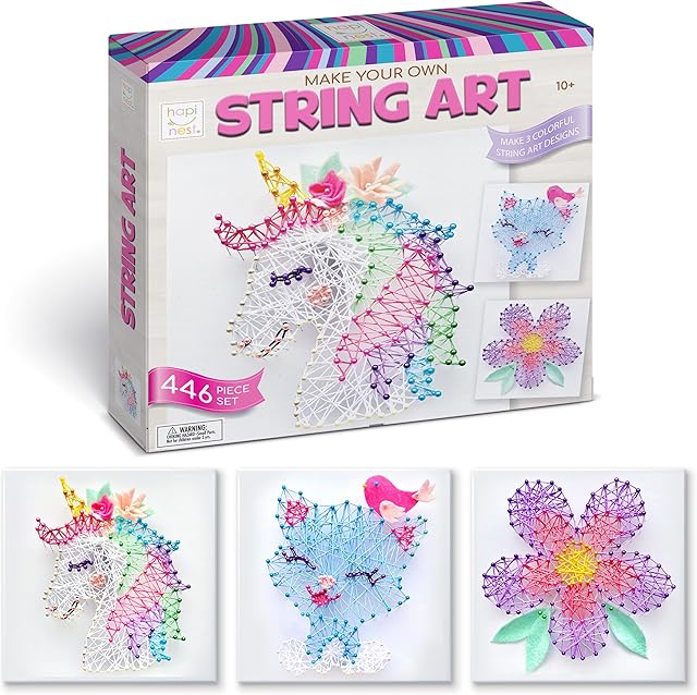 The Hapinest String Art Craft Kit for Kids Ages 10-12 and Up, 3D String Art Kit Crafts for Teens, Birthday Gifts for Tween Girls Ages 10 11 12 Years Old and Up, Makes 3 Designs - Unicorn, Cat, and Flower