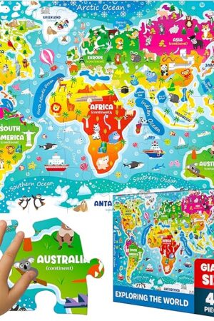 The QUOKKA Giant Floor Puzzle for Kids Ages 4-6 – 2x3 Feet Extra-Thick 48 Pieces Toddler Puzzle Ages 3-5 – World Map Educational Activity for Boys Girls – Premium Box with Sturdy Handle & Magnetic Closure