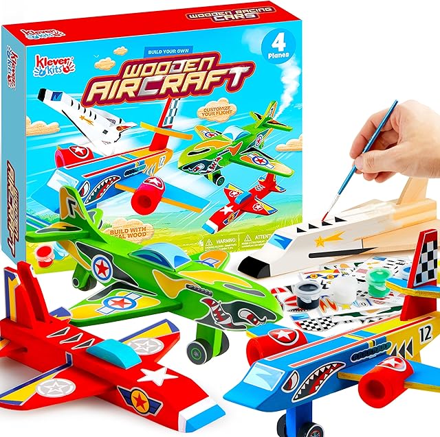 The Klever Kits 4 DIY Wooden Aircrafts-Build & Paint Your Own Wooden Airplane Craft Kit, Art & Craft Kit DIY Projects, Easy to Assemble Birthday Gifts for Boys 6-12 Year Old