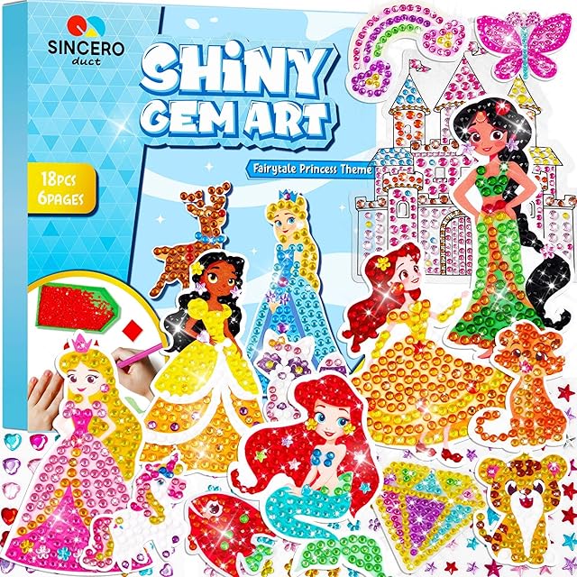 The sinceroduct Diamond Art Kits for Kids with 6 Princess and Animals Stickers, 3 Gem Art Keychains and Suncatchers, Make Your Own Arts & Crafts, Christmas and Birthday Gifts for Girls Aged 4-8+