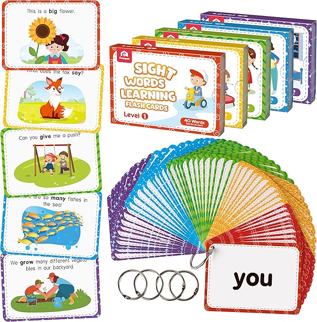 The Coogam Sight Words Educational Flashcards - 220 Dolch Sightwords Game with Pictures & Sentences,Literacy Learning Reading Cards Toy for Kindergarten,Home School Kids 3 4 5 Years Old