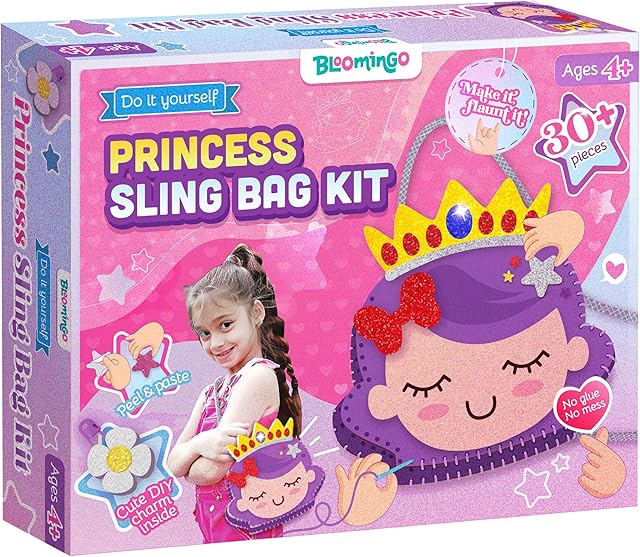 The Bloomingo Art & Craft Kit - Princess Sling Bag: Fun Mess Free Arts & Craft Kit for Kids; Design Your Own Magical DIY Craft Bag; Birthday Gift for Girls & Boys Multicolor