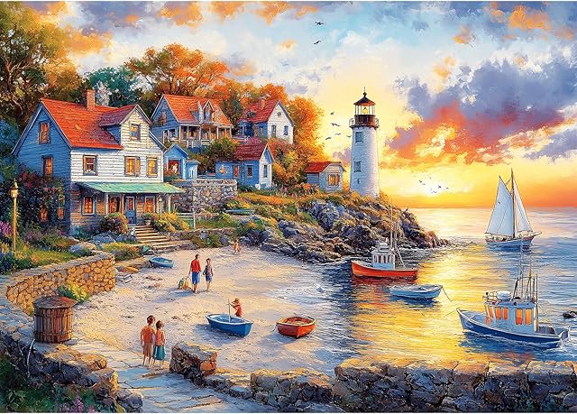 The 1000 Pieces Puzzles for Adults, Fall Seaside Puzzle, Fishing Village Jigsaw Puzzles 1000 Pieces, Creative Play Holiday Party Gifts Artwork Wall Home Decor, Funny Puzzle for Adults, 28×20 in