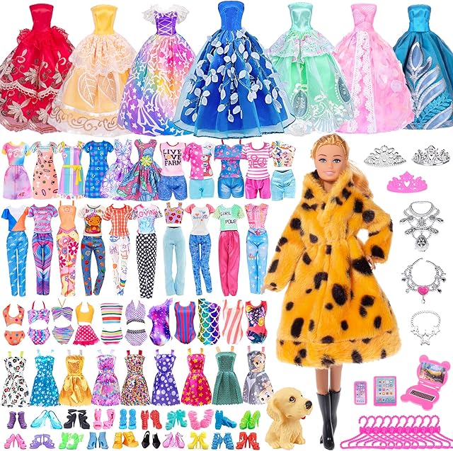 The 50pcs 11.5 inch Fashion Girl Doll with Clothes and Accessories Set Include Doll, Fur Coat, Pricess Dresses, Fashion Dresses,Slip Dress, Outfits, Bikini for Girls (Include Doll)