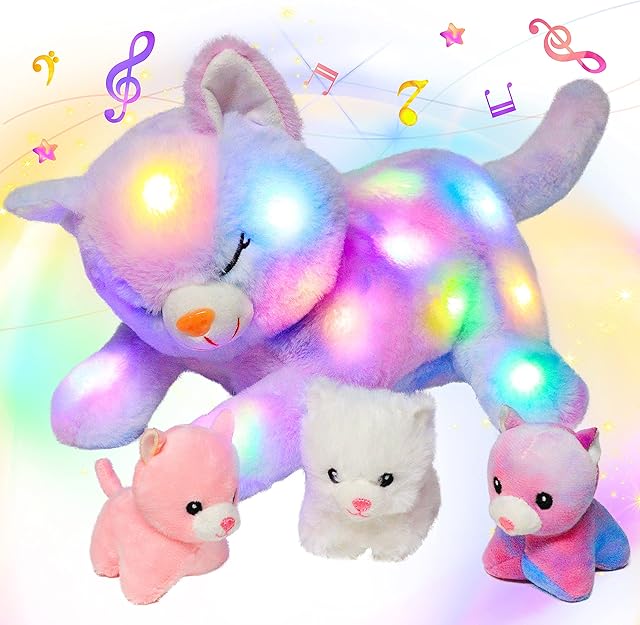The Hopearl LED Musical Stuffed Cat Lighting Up Singing Plush Toy Playset Mommy Cat with 3 Baby Kittens in her Tummy Lullaby Animated Soothe for Mom Kids Toddler Girls, Rainbow, 18''