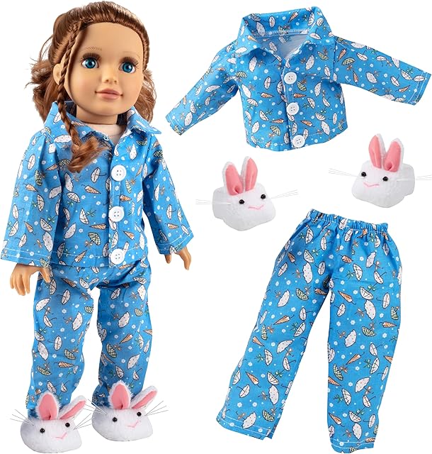 The 3pc Pajama Outfit w Bunny Slippers - 18" Doll Clothes & Accessories Compatible w American Girl Dolls - Set Includes April Showers PJ Top & Bottom, & White Rabbit Slippers - Cozy and Cute
