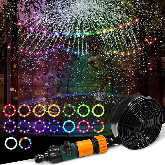 The 2Pcs Outdoor Trampoline Set, 12Ft LED Trampoline Light and Trampoline Sprinkler, Outdoor Trampoline Backyard Water Park, 16Color Change,Waterproof, Bright to Play at Night Outdoors, Good Gift for Kids