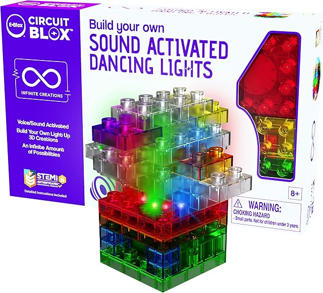The E-BLOX Build Your Own Sound Activated Dancing Lights STEM Kit, Reacts to Voice & Dances to Music, Building Blocks Circuit Toy Set for Kids, Birthday Gift, Boys, Girls, 5+