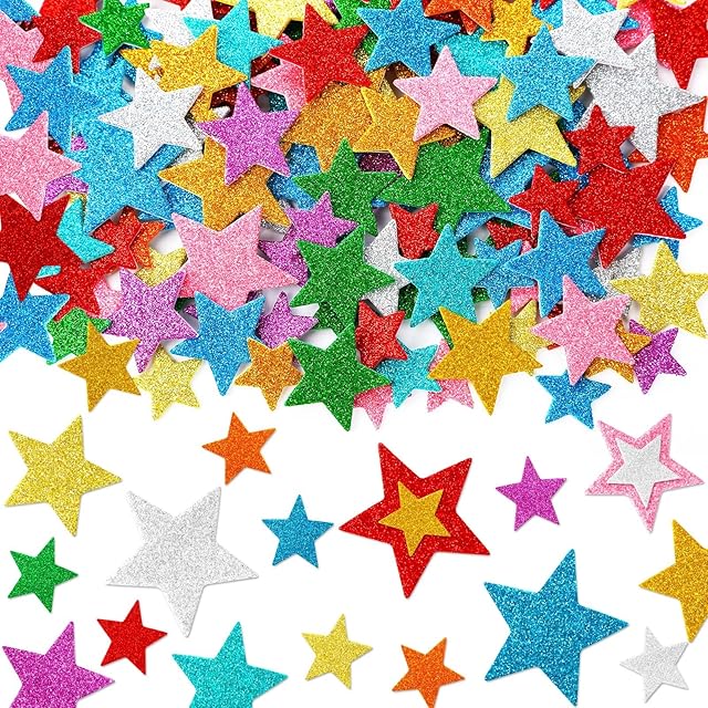 The JULBEAR Colorful Glitter Star Foam Sticker, 300Pcs Stars Shapes Glitter Self Adhesive Foam Stickers for Kids Party Favors Toddler DIY Crafts Supplies Home Decorations
