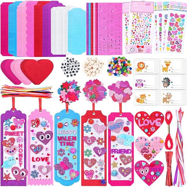 The 36 Sets Valentines Day Crafts for Kids, DIY Felt Valentine Bookmarks Kits with Googly Eyes Pom-poms Hearts Stickers, Valentines Craft Supplies for Kids Classroom Activity Party Favor Gift Exchange