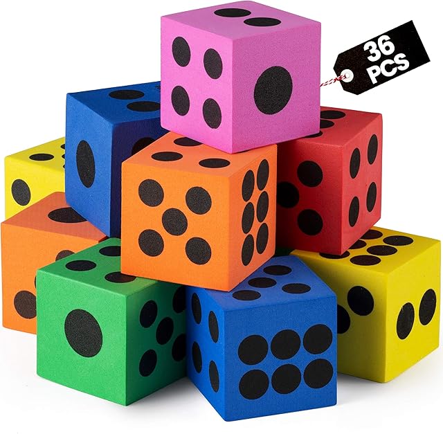 The Foam Dice Set - Bulk Pack of 36, 1.5 Inch Large Assorted Colorful Foam Dice Cubes with Number Dots, Use for Kids, Classrooms, Math Games, Building Toys, Party Supplies by Bedwina