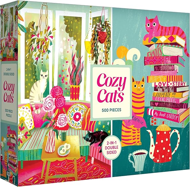 The RoseArt - Cozy Cats 500 Piece Double-Sided Jigsaw Puzzle – Matte & Glossy Sides – Cat Puzzle for Adults - 2-in-1 Puzzle with Bonus Poster