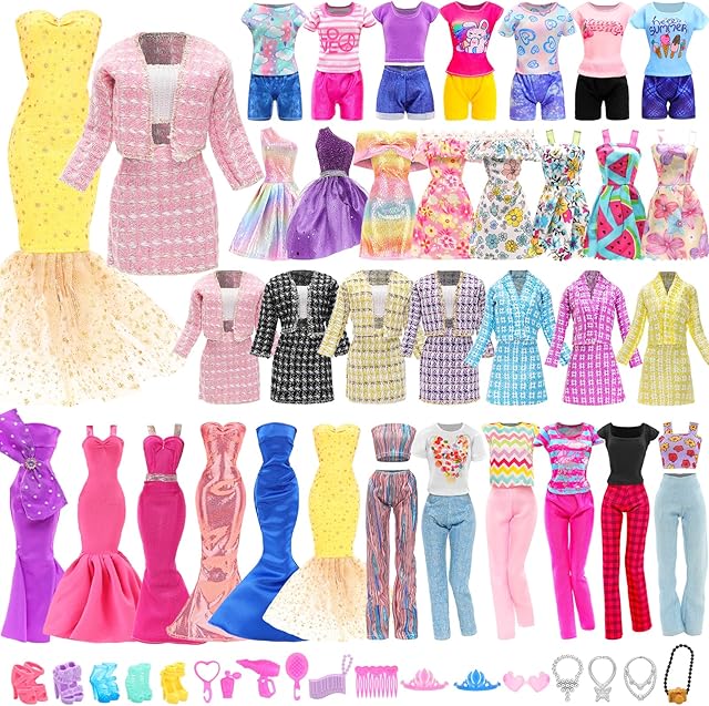 The BARWA 29 PCS Doll Clothes and Accessories Elegant Business Skirt Set Mermaid Floral Dress Mini Skirts Casual Tops and Pants High Heel Flat Shoes Necklace for 11.5 Inch Girl Dolls