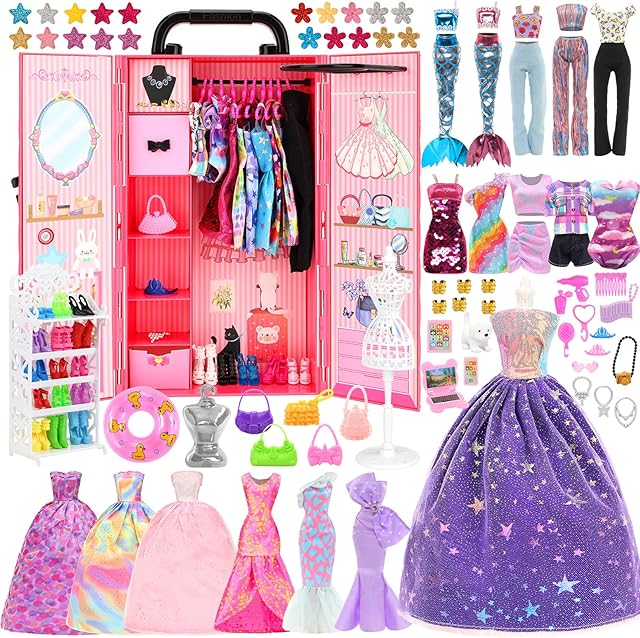 The 11.5 Inch Girl Doll Closet Lot 130 Pcs Doll Clothes & Accessories Includes 1 Wardrobe Wedding Dress Fashion Dress Outfit Shoes Other Accessories for 11.5 Inch Girl Dolls Fashion Closet Accessories