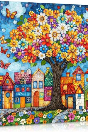 The PICKFORU Stained Glass Tree of Life Puzzles for Adults 1000 Pieces, Colorful Village Puzzle with Houses Flowers Trees Butterfly, Nature Impossible Hard Challenge Jigsaw Puzzle