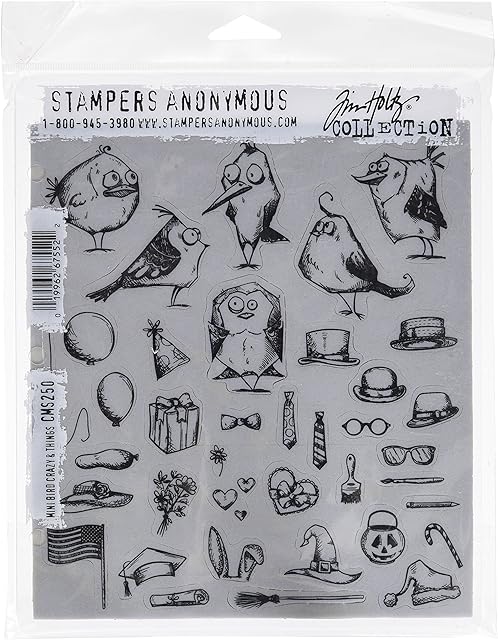 The Stampers Anonymous CMS250 Mini Bird Crazy & Things Tim Holtz Cling Stamps, 7" by 8.5", Clear
