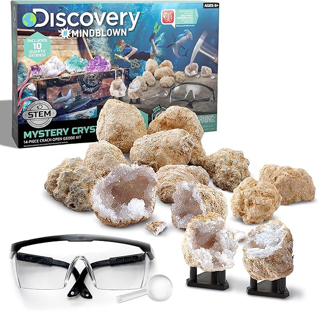The Discovery™ Mystery Crystal Geode Kit – Crack Open 10 Real Quartz Geodes| Includes Goggles, Magnifying Glass & Display Stands| Educational STEM Geology Toy for Kids| Science Activity Set Gift| Ages 6+