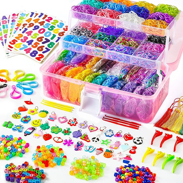 The INSCRAFT 17500+ Rubber Loom Bands with 3 Layer Pink Container, 28 Colors, 600 S-Clips, 352 Beads, 40 Cartoon Pendant, Bracelet Making Refill Kit for Kids