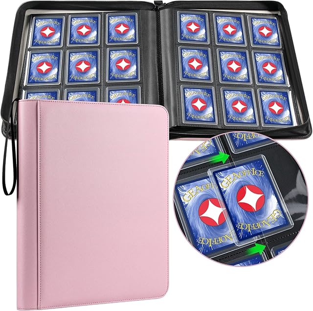 The GEAoffice 9 Pockets Top Loader Binder Holds 324 Cards, Premium PU Leather Trading Card Binder for Toploader, Side Loading Zipper Card Binder Top Loader for 3"×4" Rigid, MTG, TCG, Waterproof, Pink