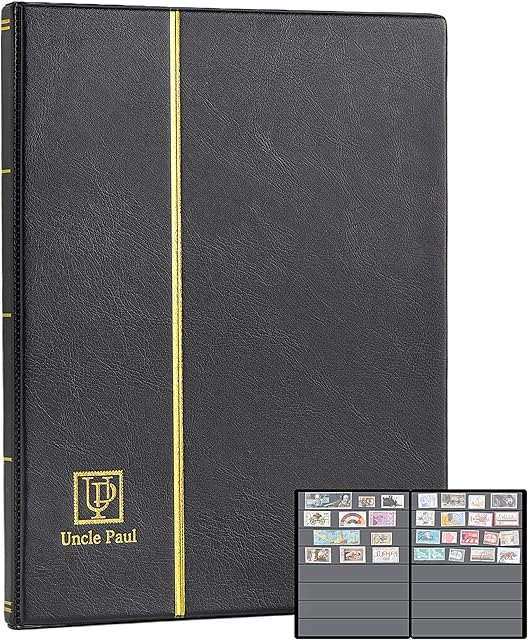 The Stamp Albums 160 Pockets - Stockbooks with 30x197mm Sleeves, 10 Double Sided Black Page with Leatherette Padded Black Cover, Collection Storage Folder for Paper Money Postage Stamps AS0108BK