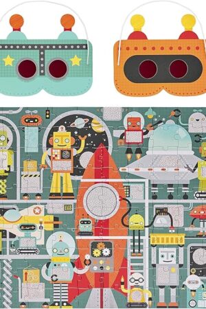 The Petit Collage Robot Factory Decoder Children’s Puzzle, 100-Pieces – Jigsaw Puzzle for Kids – Includes Glasses to Uncover Hidden Objects – Robot Puzzle for Ages 4+, Makes a Great Gift Idea