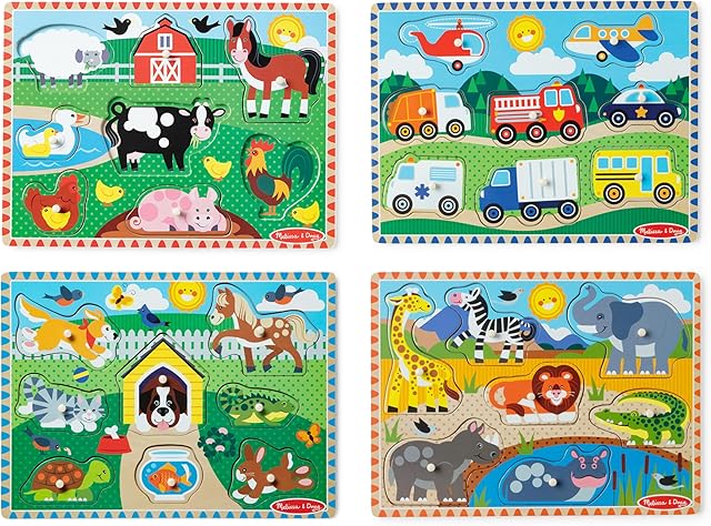The Melissa & Doug Wooden Peg Puzzle Set – 4-Pack Vehicle, Farm, Safari & Pet Animal Themes – Educational Puzzles for Toddlers and Preschoolers Ages 2+