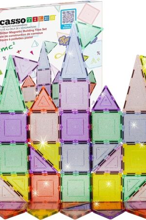 The PicassoTiles Magnetic Tiles Blocks Magnet Tile Magnets Building Blocks Construction Toy Set with Reflective Leaf Flakes Magnetic Building Tiles Toys STEM Learning Kit Stacking Block Playset PTJ48