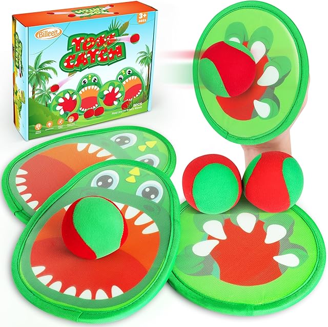 The Big Dinosaur Toss and Catch Ball Set, Catch Game Outdoor Toys for Kids and Toddler, Backyard Lawn Games Pool Beach Toys with 4 Rackets, 4 Balls, 1 Drawstring Bag