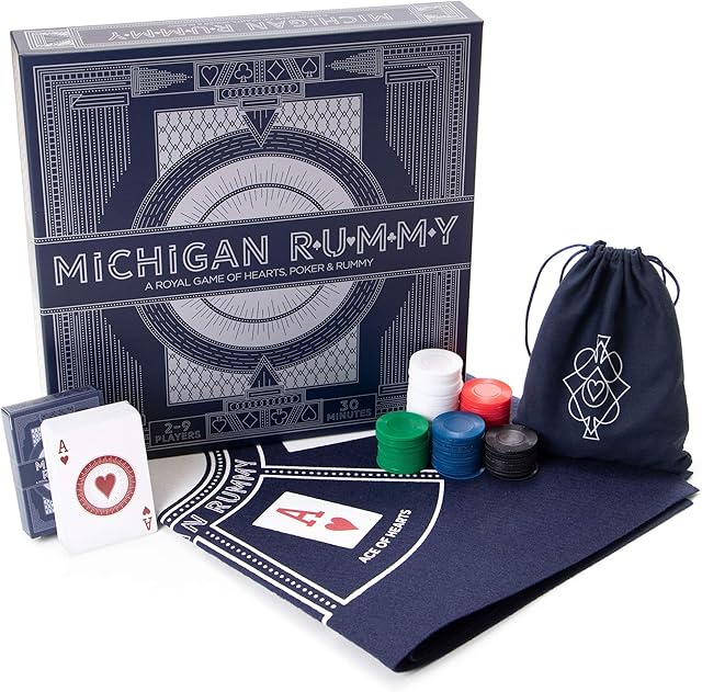 The Brybelly Michigan Rummy Deluxe Edition - Strategic Mix of Hearts, Rummy, and a Poker Set - Betting & Bluffing Classic Board Games - 24-inch Rummy Royal Game Mat, 200 Poker Chips, Tripoley Card Game