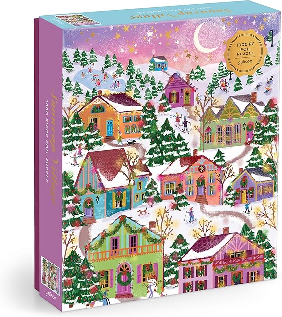 The Galison Snowcap Village – 1000 Piece Foil Joy Laforme Jigsaw Puzzle Featuring Beautiful Artwork of Snowcapped Village During Christmas