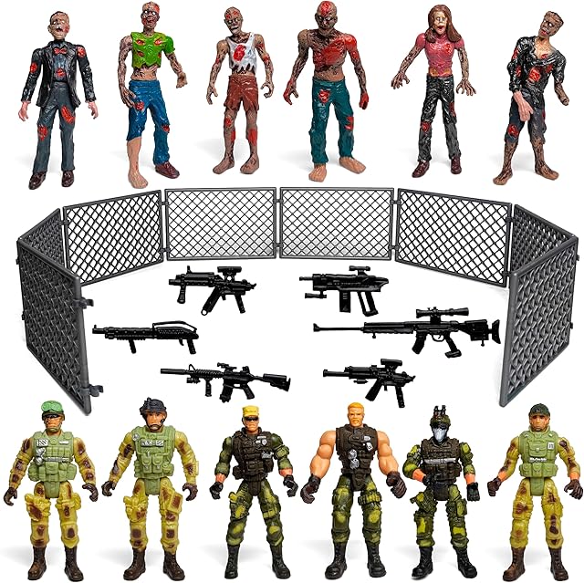 The Toysvill Soldiers vs Zombies Action Figure Set, 12 Pieces with Weapons and Barrier, Military Combat Playset