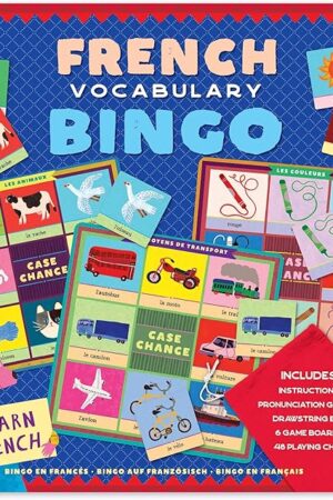 The eeBoo: French Bingo Vocabulary Game, Includes- Pronunciation Guide & Drawsting Bag, 6 Game Boards, 48 Playing Chips, 2 to 6 Players, for Ages 5 and up