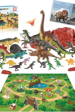 The PicassoTiles Dinosaur Play Mat Toys 32pc Dino Playset STEM Activity Learning Kit STEAM Toy with Educational Book, 21 Action Figures T-Rex, Triceratops, Velociraptor, Trees, Rocks for Kids 3+ PTD11