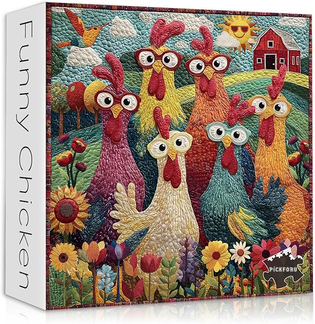The Chicken Puzzles for Adults 1000 Piece, PICKFORU Funny Chicken Jigsaw Puzzle, Garden Farm Flower Animal Rooster Themed, Patchwork Art Challenge Puzzle